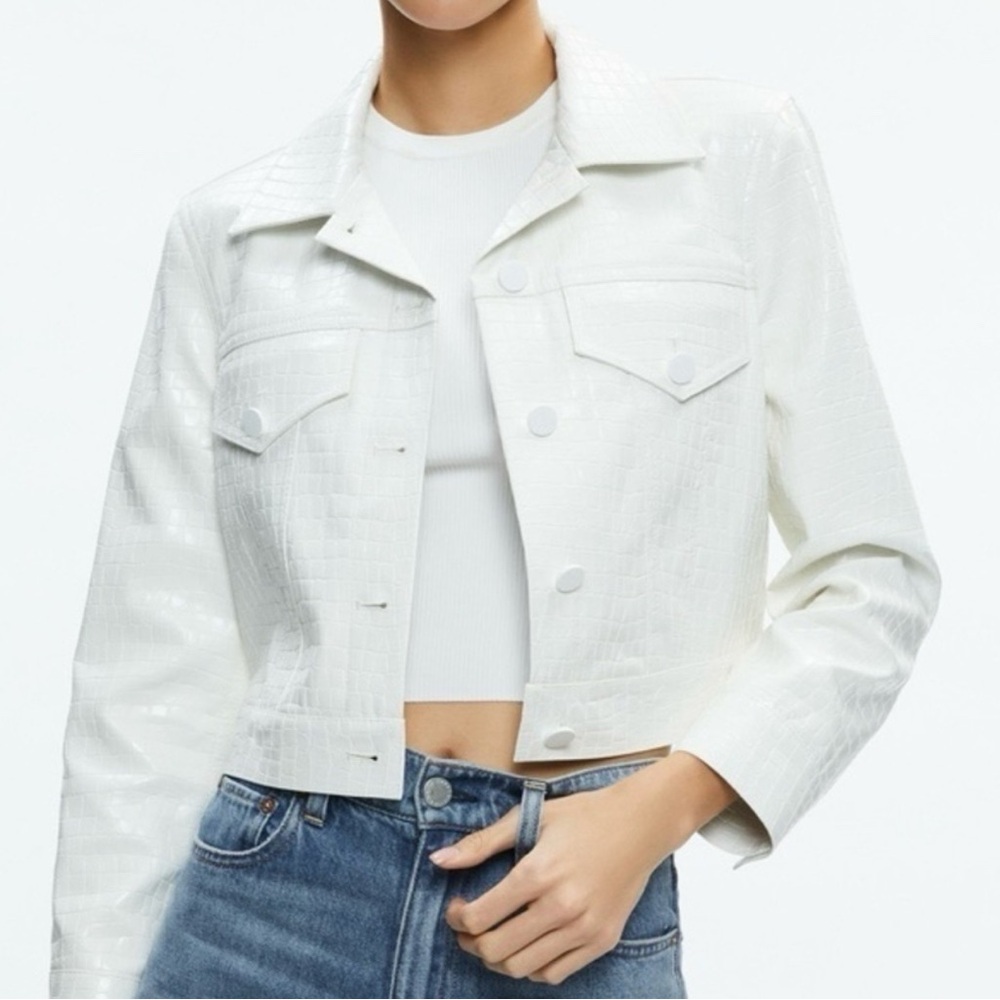 Alice + Olivia White Embossed Shiny Leather Jacket